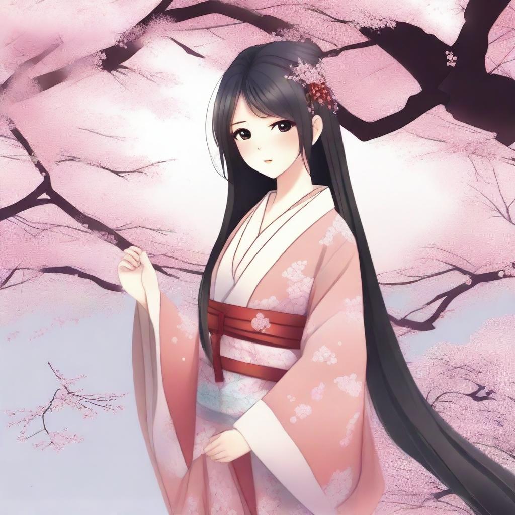 Create an image of Ayaka, a character with long, flowing hair, wearing traditional Japanese attire