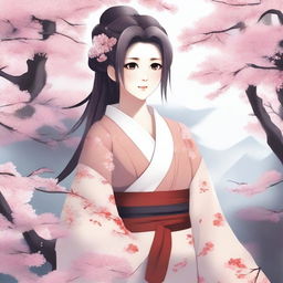 Create an image of Ayaka, a character with long, flowing hair, wearing traditional Japanese attire