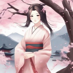 Create an image of Ayaka, a character with long, flowing hair, wearing traditional Japanese attire