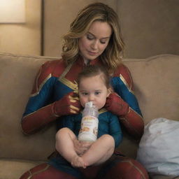 Brie Larson as a baby-sized Captain Marvel, sitting on the lap of a female alien who is acting like a motherly figure, sipping milk from a bottle while in diapers, creating a whimsical, yet endearing tableau.