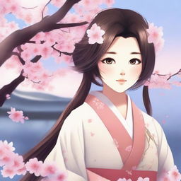 Create an image of Ayaka, a character with long, flowing hair, wearing traditional Japanese attire