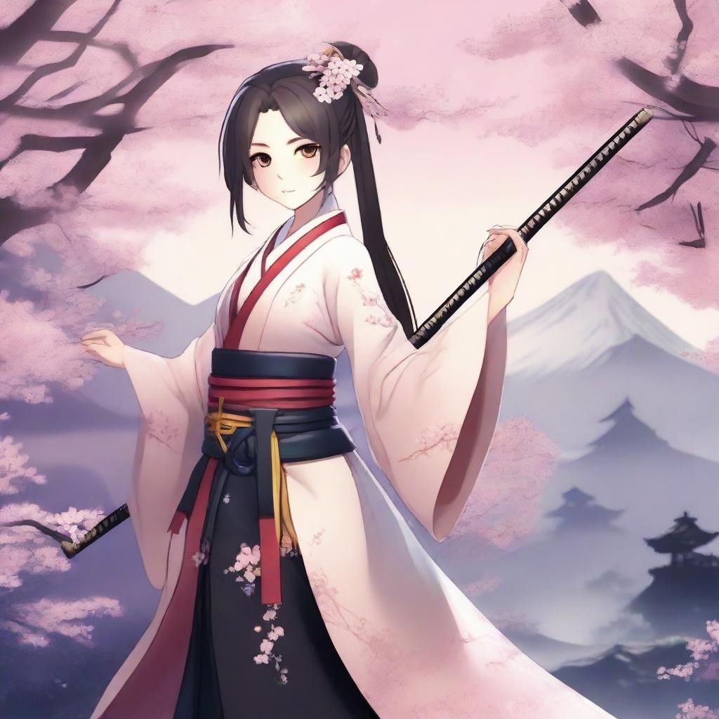 Create an image of Ayaka, a character from Genshin Impact, in a serene and beautiful landscape with cherry blossoms and a traditional Japanese backdrop