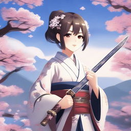 Create an image of Ayaka, a character from Genshin Impact, in a serene and beautiful landscape with cherry blossoms and a traditional Japanese backdrop