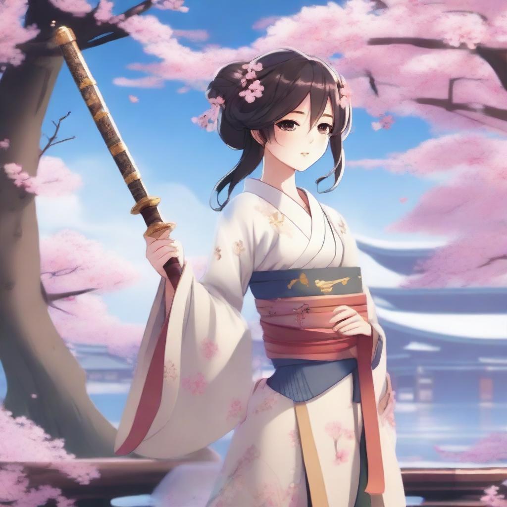 Create an image of Ayaka, a character from Genshin Impact, in a serene and beautiful landscape with cherry blossoms and a traditional Japanese backdrop