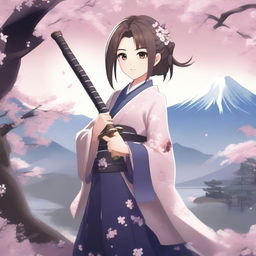 Create an image of Ayaka, a character from Genshin Impact, in a serene and beautiful landscape with cherry blossoms and a traditional Japanese backdrop