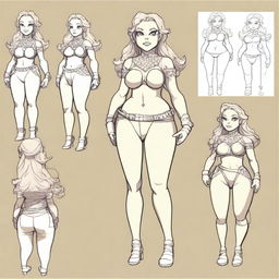 Create a model sheet of a shortstack dwarf woman with a sexy, curvy body