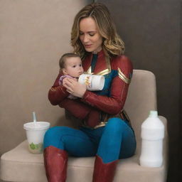 Brie Larson as a baby-sized Captain Marvel, sitting on the lap of a female alien who is acting like a motherly figure, sipping milk from a bottle while in diapers, creating a whimsical, yet endearing tableau.