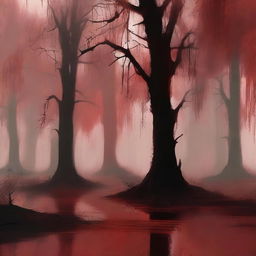 Create a digital painting of abstract art with a swamp and a blood red color scheme