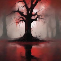 Create a digital painting of abstract art with a swamp and a blood red color scheme