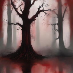 Create a digital painting of abstract art with a swamp and a blood red color scheme