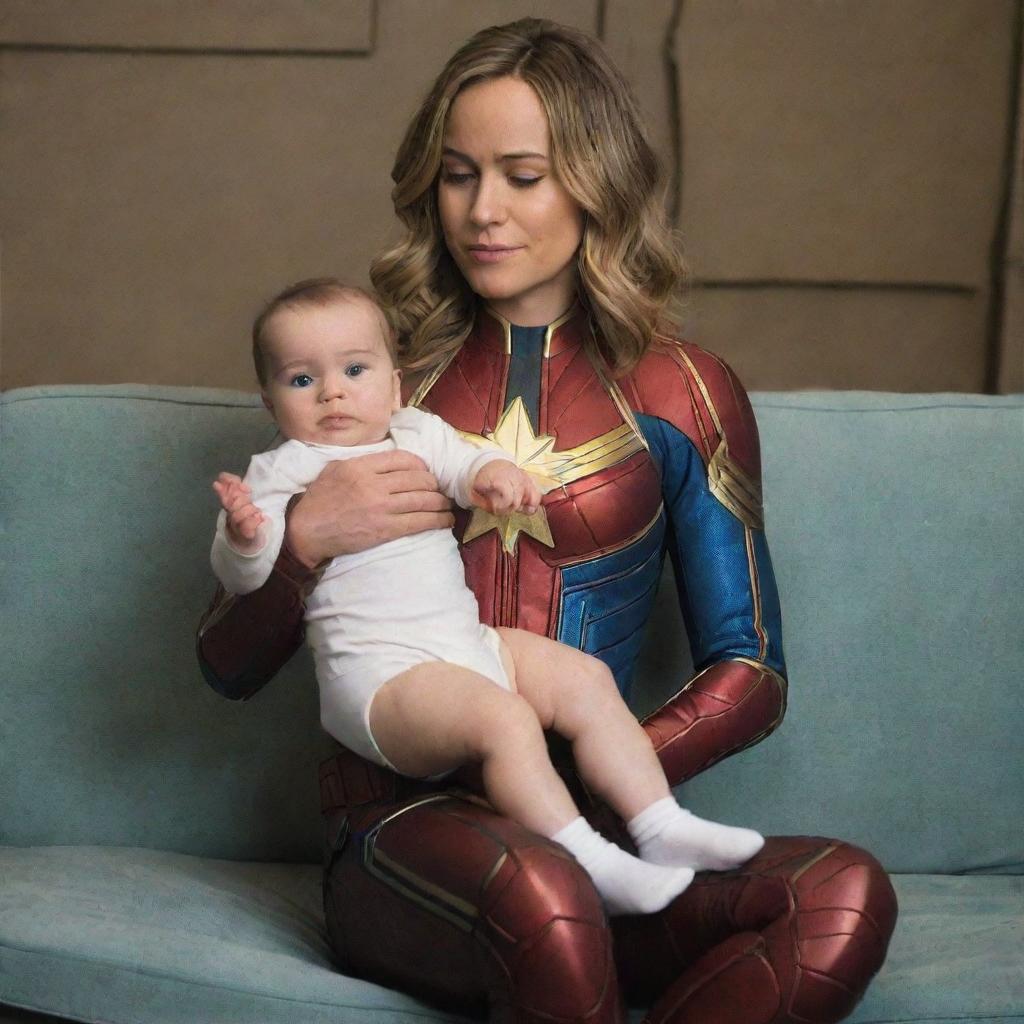 Brie Larson as a baby-sized Captain Marvel, sitting on the lap of a female alien who is acting like a motherly figure, sipping milk from a bottle while in diapers, creating a whimsical, yet endearing tableau.