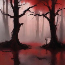 Create a digital painting of abstract art with a swamp and a blood red color scheme