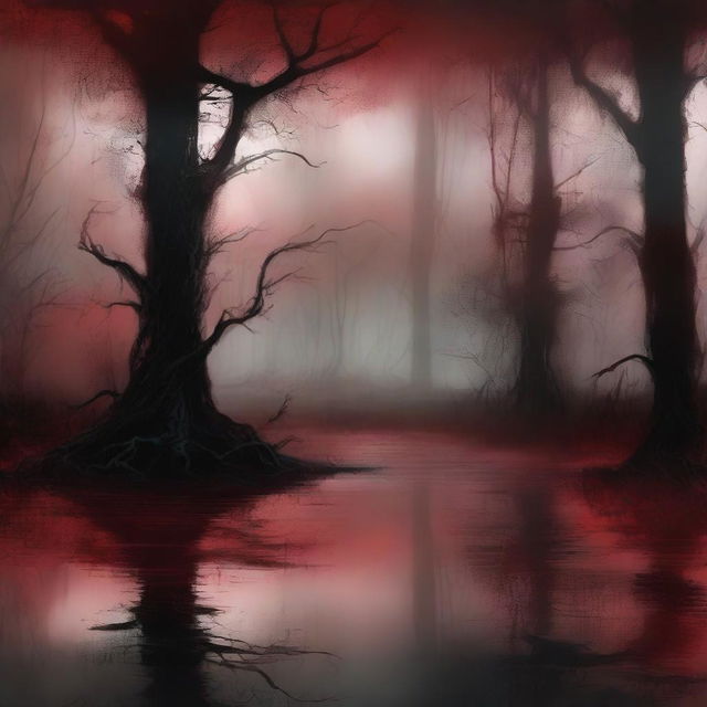 Create a digital painting of abstract art depicting a swamp with a blood red color scheme