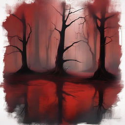 Create a digital painting of abstract art depicting a swamp with a blood red color scheme