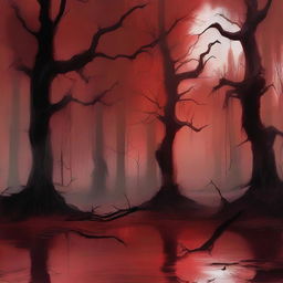 Create a digital painting of abstract art depicting a swamp with a blood red color scheme