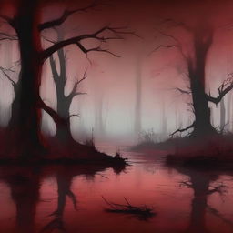 Create a digital painting of abstract art depicting a swamp with a blood red color scheme