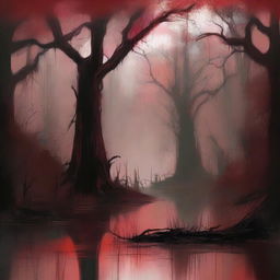 Create a digital painting of abstract art featuring a swamp with a blood red color scheme