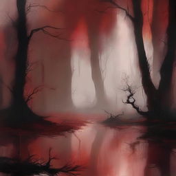 Create a digital painting of abstract art featuring a swamp with a blood red color scheme