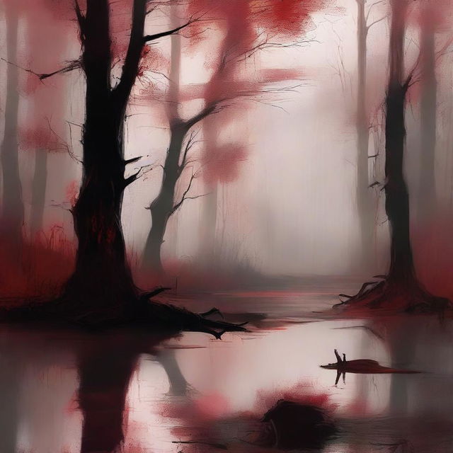 Create a digital painting of abstract art featuring a swamp with a blood red color scheme