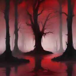 Create a digital painting of abstract art featuring a swamp with a blood red color scheme