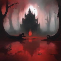 Create a digital painting in an abstract art style of a swamp with a blood red color scheme