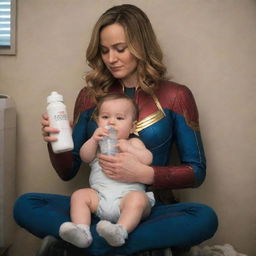 Brie Larson as a baby-sized Captain Marvel, sitting on the lap of a female alien who is acting like a motherly figure, sipping milk from a bottle while in diapers, creating a whimsical, yet endearing tableau.