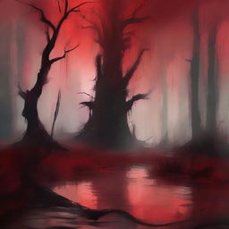 Create a digital painting in an abstract art style of a swamp with a blood red color scheme