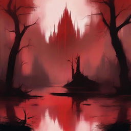 Create a digital painting in an abstract art style of a swamp with a blood red color scheme