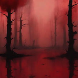 Create a digital painting in an abstract art style of a swamp with a blood red color scheme