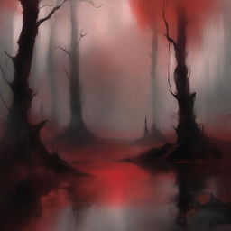 Create a digital painting of abstract art featuring a swamp with a blood red color scheme