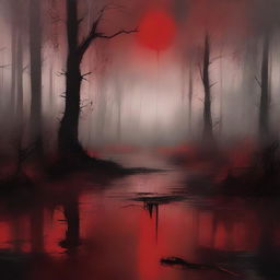 Create a digital painting of abstract art featuring a swamp with a blood red color scheme