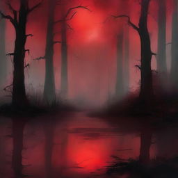 Create a digital painting of abstract art featuring a swamp with a blood red color scheme