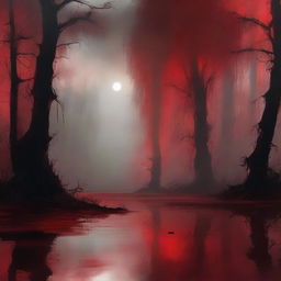 Create a digital painting of abstract art featuring a swamp with a blood red color scheme