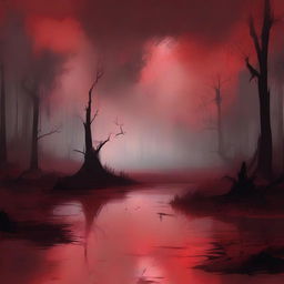 Create a digital painting of abstract art with a swamp in a blood red color scheme