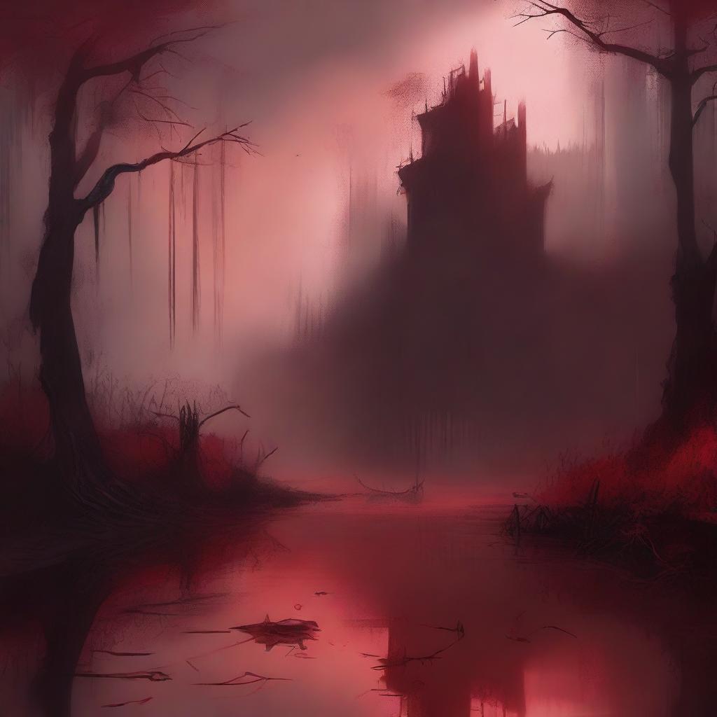 Create a digital painting of abstract art with a swamp in a blood red color scheme