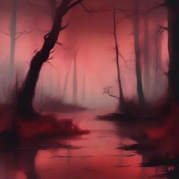 Create a digital painting of abstract art with a swamp in a blood red color scheme