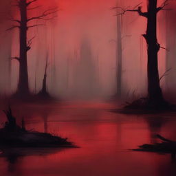 Create a digital painting of abstract art with a swamp in a blood red color scheme