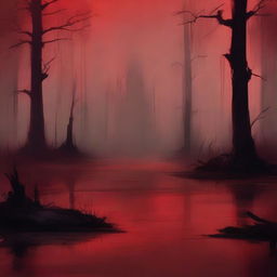 Create a digital painting of abstract art with a swamp in a blood red color scheme