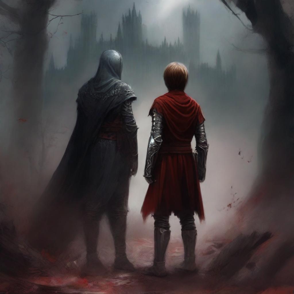 Create a dark fantasy book cover, digital painting, for 'The Blood of the Heir' by I