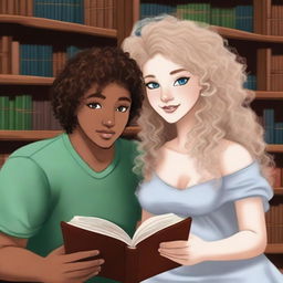 Zane, a 5'11" male with blonde fluffy hair, blue eyes, a silver earring, and pale skin, and Kara, a 5'2" female with light brown curly hair to her shoulders, heterochromia (one blue eye and one green), mixed race, and light brown freckles, are reading a book together in a library