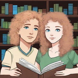 Zane, a 5'11" male with blonde fluffy hair, blue eyes, a silver earring, and pale skin, and Kara, a 5'2" female with light brown curly hair to her shoulders, heterochromia (one blue eye and one green), mixed race, and light brown freckles, are reading a book together in a library