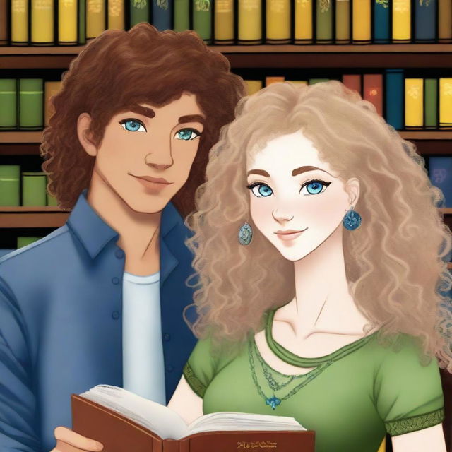 Zane, a 5'11" male with blonde fluffy hair, blue eyes, a silver earring, and pale skin, and Kara, a 5'2" female with light brown curly hair to her shoulders, heterochromia (one blue eye and one green), mixed race, and light brown freckles, are reading a book together in a library