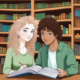 Zane, a 5'11" male with blonde fluffy hair, blue eyes, a silver earring, and pale skin, and Kara, a 5'2" female with light brown curly hair to her shoulders, heterochromia (one blue eye and one green), mixed race, and light brown freckles, are reading a book together in a library