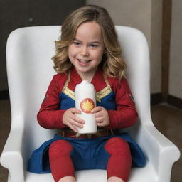 A cheeky Brie Larson as Captain Marvel, comfortably sitting in a baby chair, relishing a bottle of milk which is causing her cheeks to be playfully full.