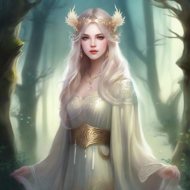 Create an image of Freya Jkt, a character with a mystical and ethereal appearance