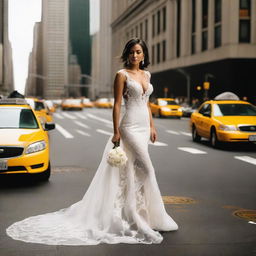 A beautiful bride standing in the bustling streets of New York City