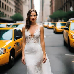 A beautiful bride standing in the bustling streets of New York City