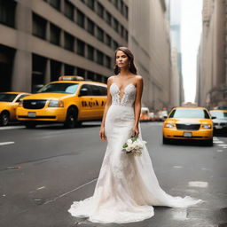 A beautiful bride standing in the bustling streets of New York City