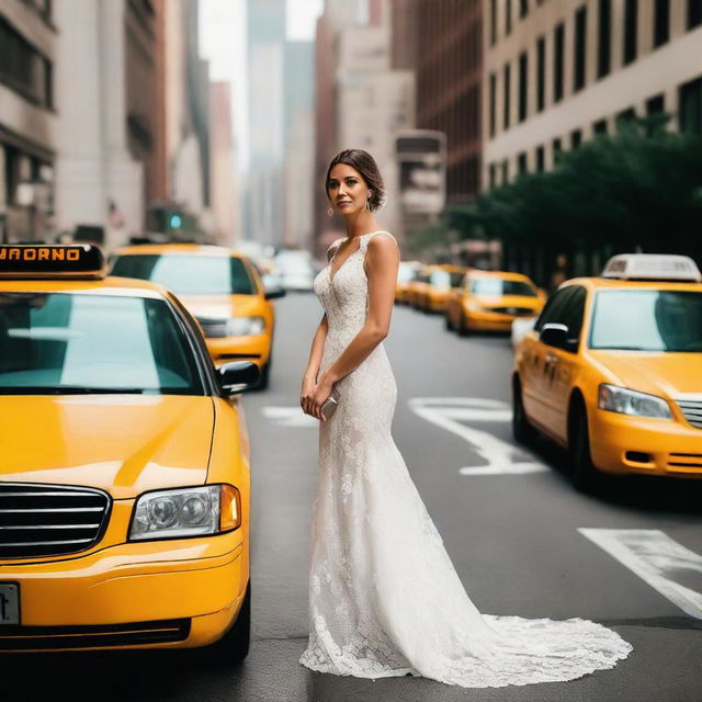 A beautiful bride standing in the bustling streets of New York City