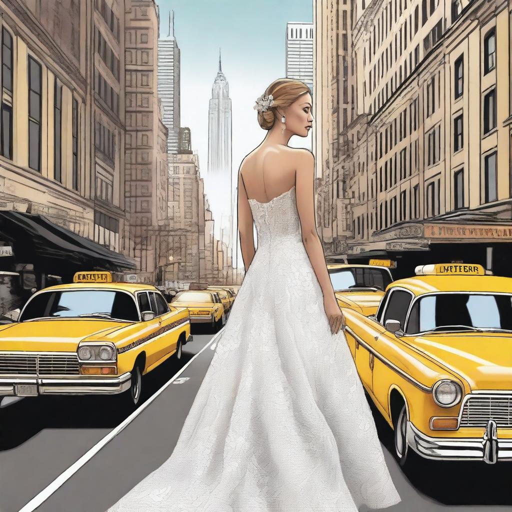 A beautiful bride standing in the bustling streets of New York City, illustrated in a detailed drawing style